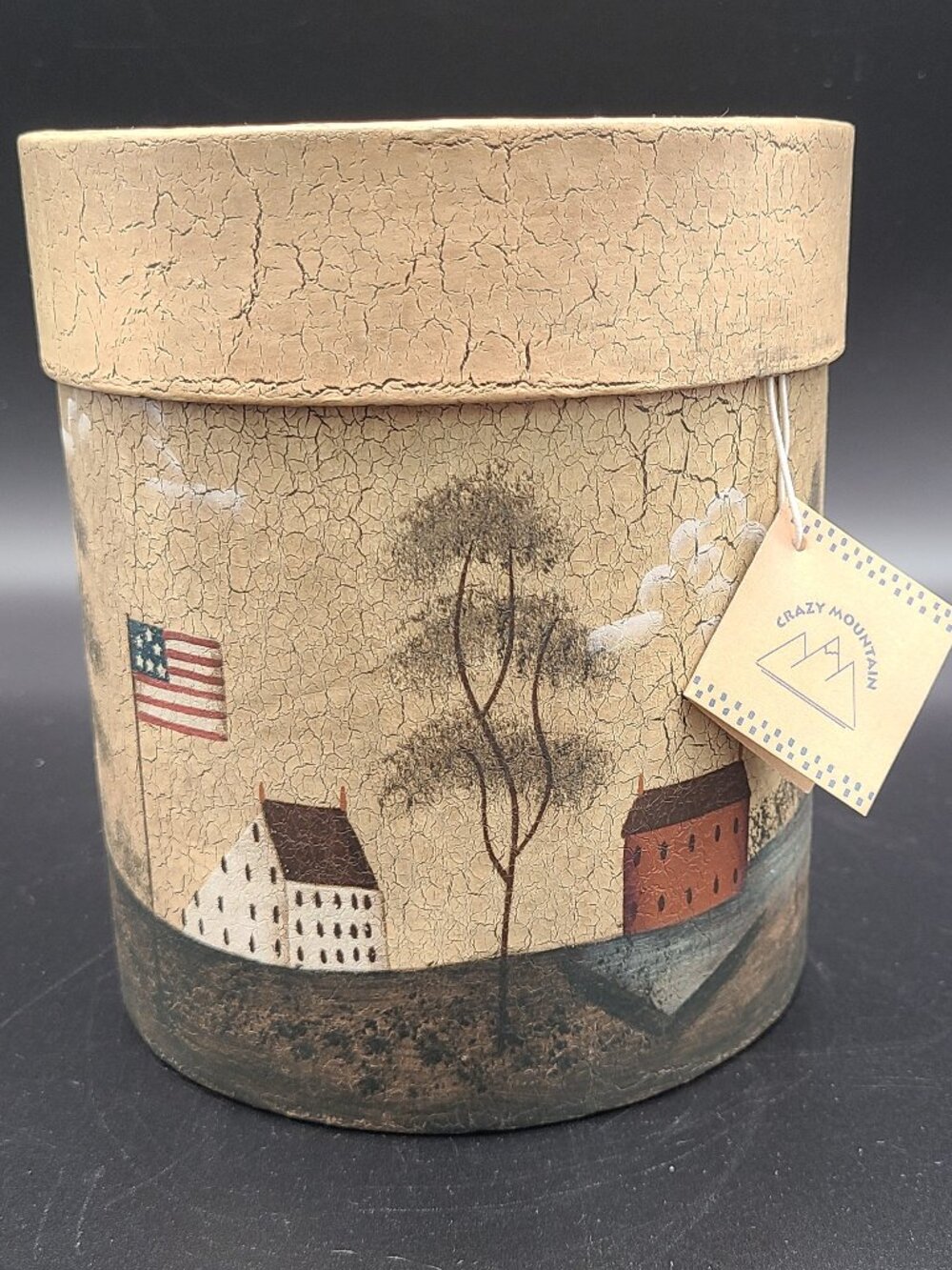 Crazy Mountain Canister School House American flag with tag 5.75" storage